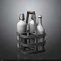 Metal Wine Rack With Wooden Handle Holding Three Silver Bottles For Home Use