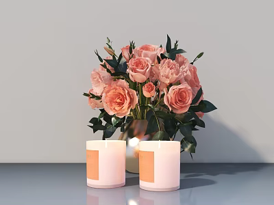Pink Roses and Green Leaves in Vase with Two White Candles on Gray Tabletop Background 3d model