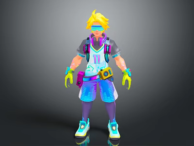 Neon 3D Character With Gray Jersey 11 Purple Shorts Green Gloves Yellow Camera Blue Shoes 3d model