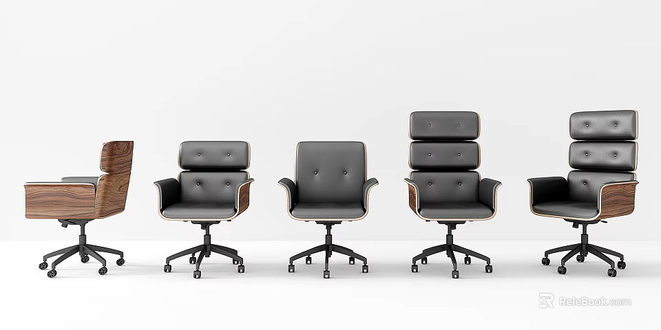 Stylish Modern Office Chairs With Leather Upholstery Wooden Arms And Rolling Wheels 3d model 