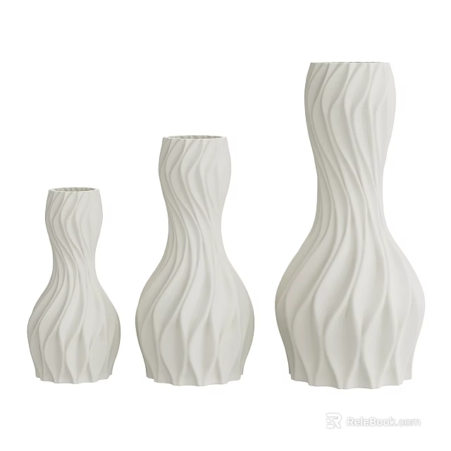 White Decorative Vase Set With Wavy Texture And Three Different Sizes 3d model 