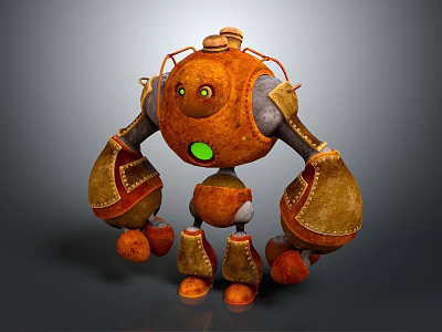 Orange Mechanical Robot Character With Green Glowing Eyes And 3D Model Design 3d model