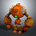 Orange Mechanical Robot Character With Green Glowing Eyes And 3D Model Design