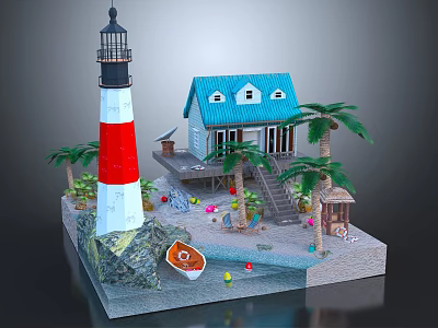 Cartoon Scene With Red White Lighthouse Blue Roof House Palm Trees Small Boat And Floating Balls 3d model