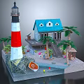 Cartoon Scene With Red White Lighthouse Blue Roof House Palm Trees Small Boat And Floating Balls
