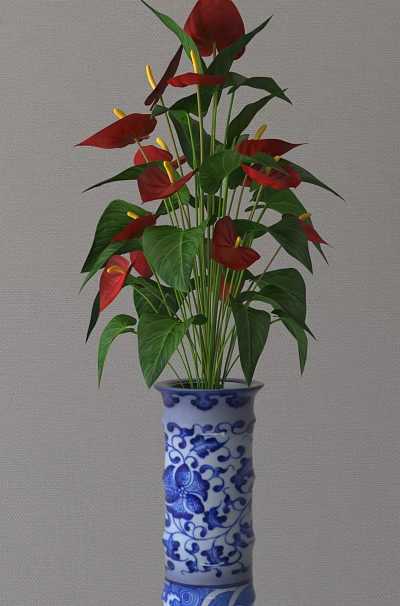 Blue and White Floral Vase with Red Flowers and Green Leaves Decorative Arrangement 3d model