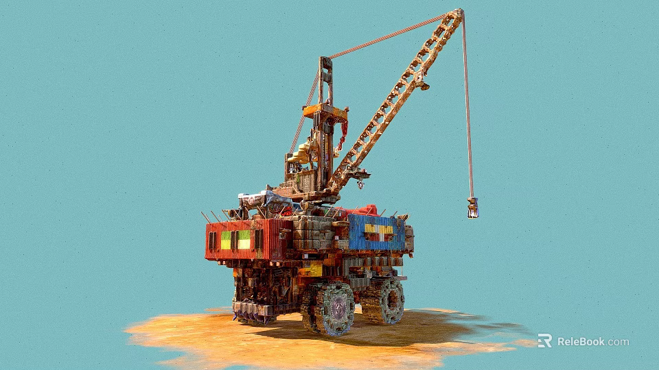 Heavy Duty Construction Vehicle With Crane And Red Blue Body On Sand Surface 3d model 