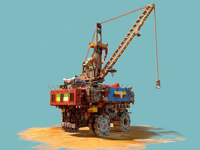 Heavy Duty Construction Vehicle With Crane And Red Blue Body On Sand Surface 3d model
