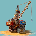 Heavy Duty Construction Vehicle With Crane And Red Blue Body On Sand Surface