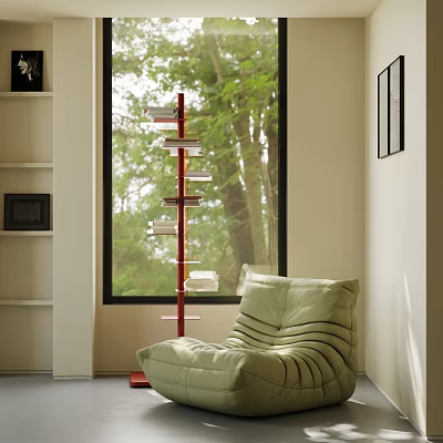 Light Green Single Sofa In Bright Room With Red Bookshelf And Trees Outside Window 3d model