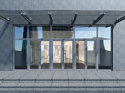 Modern Building Entrance With Glass Doors Windows And Gray Stone Wall Steps 3d model