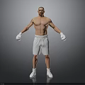 Shirtless Man Wearing White Boxing Gloves Shorts Sneakers Standing With Arms Outstretched On Gray Background