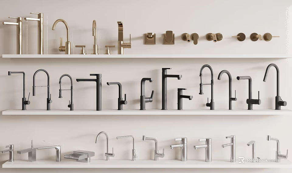 Modern Bathroom Kitchen Faucets In Gold Black Silver With Various Designs On Shelves 3d model 
