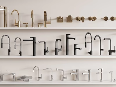 Modern Bathroom Kitchen Faucets In Gold Black Silver With Various Designs On Shelves 3d model