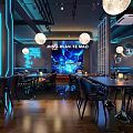 Modern Bar Interior With Round Pendant Lamps Neon Lights And Black Leather Seating