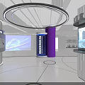 Modern Tech Inspired Exhibition Hall With Blue Screens Transparent Cabinets And Circular Lighting