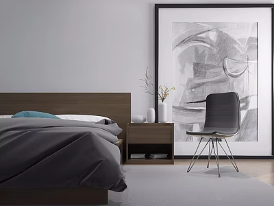 Double Bed With Wooden Headboard Gray Bedding Blue Pillow Nightstand White Vase Large Abstract Painting 3d model