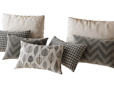 Stylish Decorative Pillows With Leaf Houndstooth Chevron Patterns In Gray Beige Tones 3d model