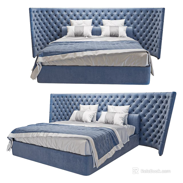 Elegant Blue Double Bed With Tufted Headboard Soft Bedspread And White Grey Pillows 3d model