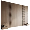 Wooden Bedroom Accent Wall with Perforated Panels Central Cabinet and Side Decor Pieces