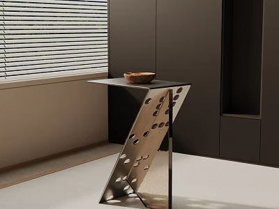 Modern Metal Side Table With Z Design Wooden Bowl And Black Cabinets By Window Blinds 3d model