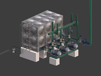 Industrial Equipment Setup With Stainless Steel Water Tank Green Piping And Pumps 3d model