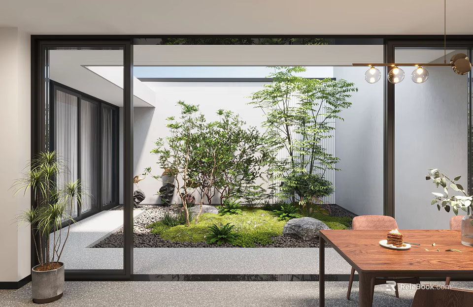 Modern Garden Landscape Design With Glass Doors Connecting Indoor Outdoor Green Plants Stones And Grass 3d model 