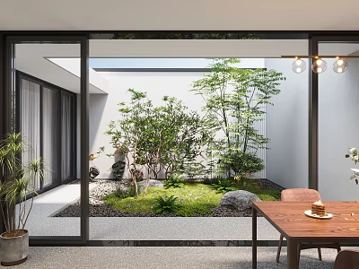 Modern Garden Landscape Design With Glass Doors Connecting Indoor Outdoor Green Plants Stones And Grass 3d model