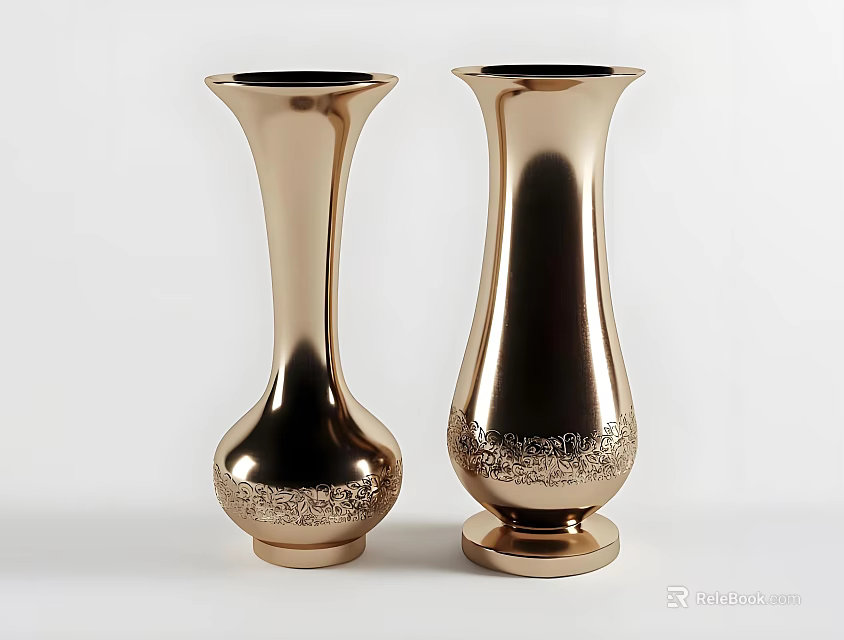 Shiny Gold Decorative Vases With Intricate Patterns On White Background 3d model 