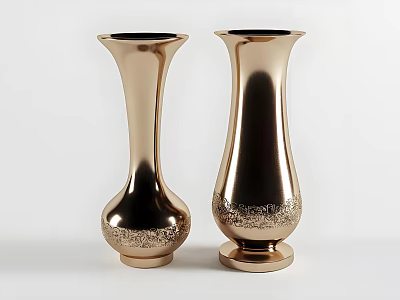 Shiny Gold Decorative Vases With Intricate Patterns On White Background 3d model
