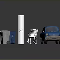 Gray Trash Bin Blue Recycling Bin White Column Rocking Chair And Vintage Car
