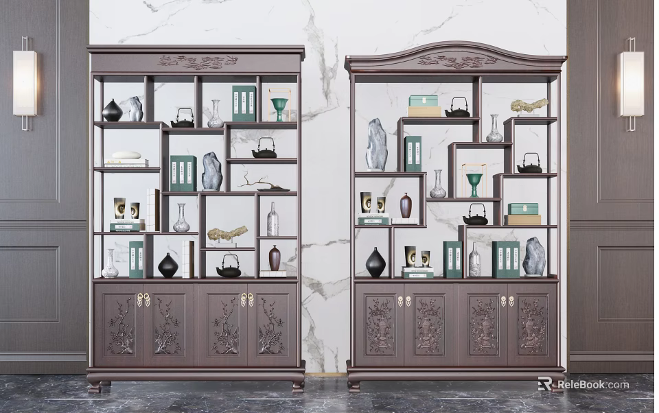 Pair of Traditional Carved Wooden Curio Shelves With Vases Books And Tea Sets 3d model 