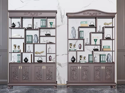 Pair of Traditional Carved Wooden Curio Shelves With Vases Books And Tea Sets 3d model