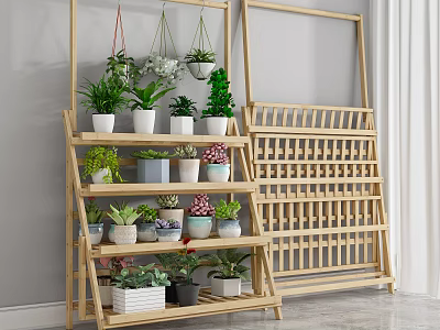 Bamboo Shelving Unit With Multiple Tiers For Potted Plants And Hanging Greenery 3d model