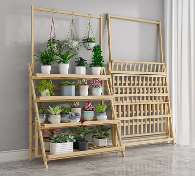 Bamboo Shelving Unit With Multiple Tiers For Potted Plants And Hanging Greenery 3d model