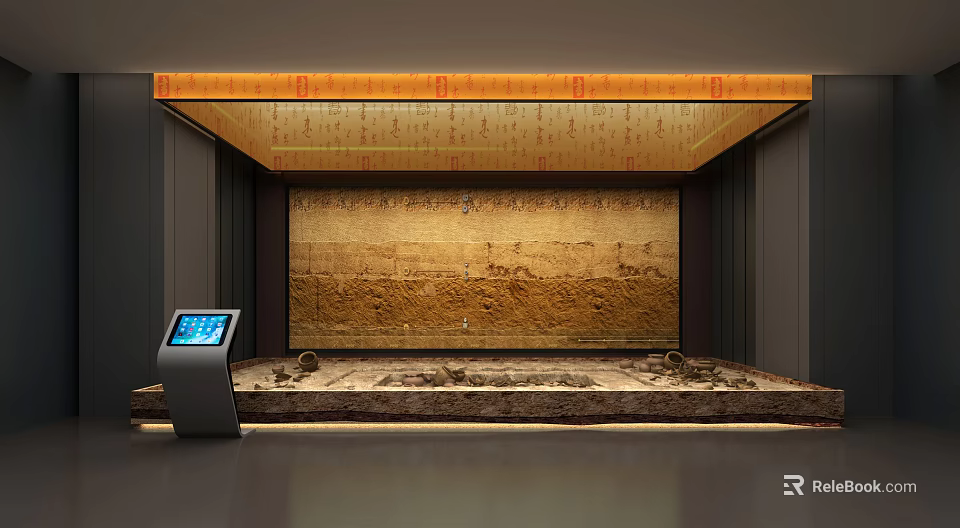 Ancient Mural Exhibition In Museum With Interactive Display And Stone Carvings 3d model