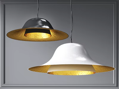 Two Modern Black And White Pendant Lights With Gold Interior Hanging On Gray Decorative Wall 3d model