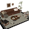Brown Leather Sofa Coffee Table Set With Decorative Pillows Round Table Geometric Rug And Armchairs
