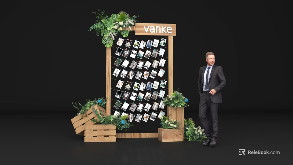 Engaging Interactive Zone for Vanke Display Stand With Photos Green Plants and Man in Suit 3d model 