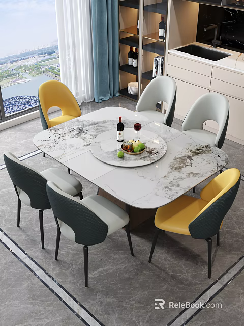 Modern Dining Table and Chairs Set with Marble Tabletop Yellow Gray Dark Green Chairs 3d model 