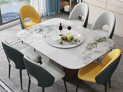 Modern Dining Table and Chairs Set with Marble Tabletop Yellow Gray Dark Green Chairs 3d model