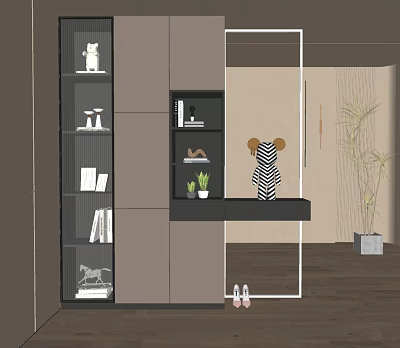Modern Shoe Cabinet Design With Open Shelves Decorative Figurines And Potted Plants 3d model