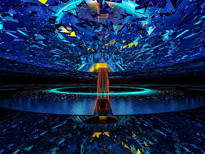 Futuristic Elevator Hallway With Blue Yellow Lighting And Mirror Reflections 3d model