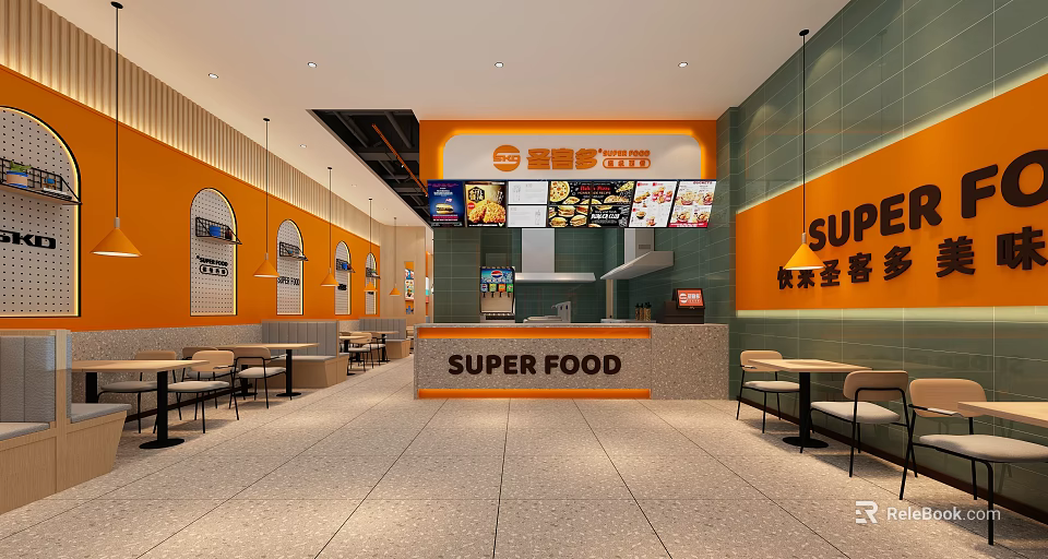 SUPER FOOD Restaurant Interior With Orange Walls Tables Chairs And Menu Screens 3d model 