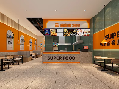 SUPER FOOD Restaurant Interior With Orange Walls Tables Chairs And Menu Screens 3d model