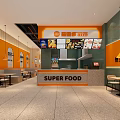 SUPER FOOD Restaurant Interior With Orange Walls Tables Chairs And Menu Screens