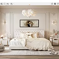 Luxurious Bedroom Interior Featuring Upholstered Bed Chandelier Wall Art Nightstands And Area Rug