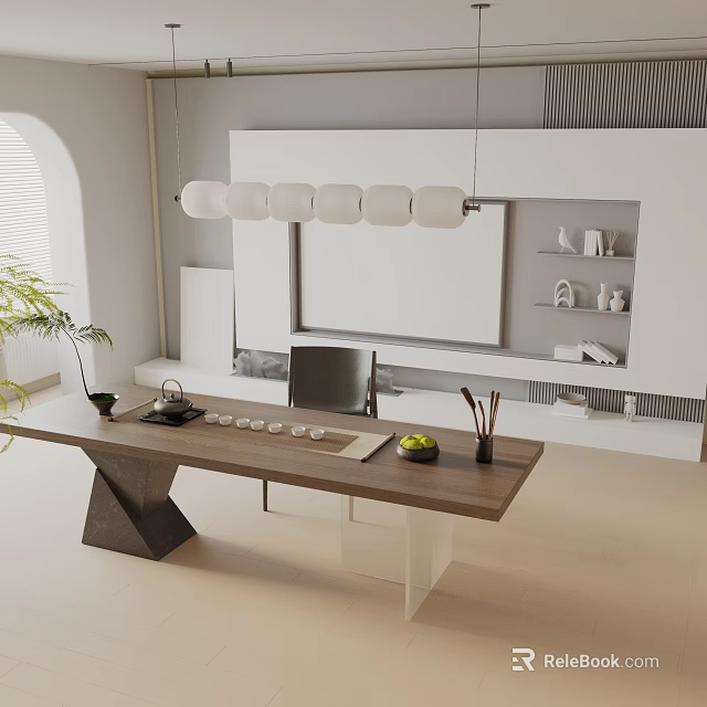 Modern Wooden Dining Table Set With Geometric Legs Chair Fruit Bowl And Pendant Lights 3d model 