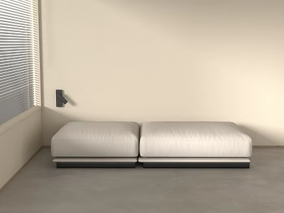 Two White Padded Bed Benches with Window Blinds Wall Sconce Gray Floor and Light Wall 3d model
