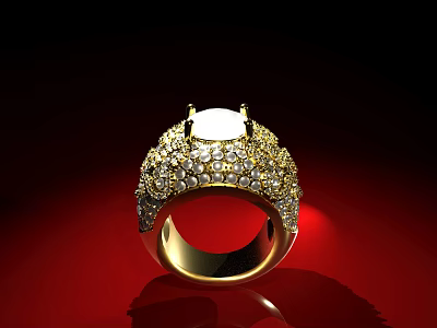 Luxurious Gold Ring With Sparkling Diamonds And Central Gemstone On Red Background 3d model